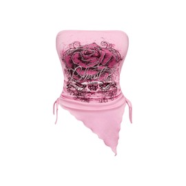 SOLY HUX Women's Y2k Bandeau Tube Tops Graphic Print Asymmetrical Crop Top Aesthetic Clothes Light Pink Small