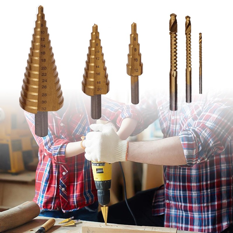 6Pcs Step Drill Bit Set, HSS Drill Bits Cone Drill