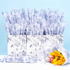 Larcenciel Floral Tissue Paper Bulk, Vintage Blue & White Flower Tissue Paper for Gift Bags, Wrapping, Crafts, Decoupage Art Packing Supplies for Weddings, Birthdays, Holidays Decor, 30 Sheets 20x14in