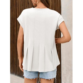Cicy Bell Womens Summer Peplum Blouse Casual Dressy Cap Sleeve Pleated Tops Ribbed Knit Crew Neck Shirts White