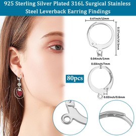 Beebeecraft 1 Box 80Pcs Round Leverback Earring Hooks 925 Sterling Silver Plated 316L Stainless Steel French Earring Findings Ear Wire for Jewelry Making
