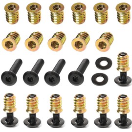 30-Set 1/4-20 Threaded Insert and Bolt for Wood, Furniture Screw Nut 3/5" with Black Oxide Flat Head Bolts 1" and Washers