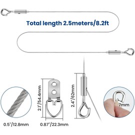 ZIUZI 6.6FT Adjustable Picture Hanging Wire, Heavy-Duty Stainless Steel Wire Rope with D Ring, Hanging Hardware Holds Up to 45lbs for Mirror Light Lamp, Billboards, Basket Flowerpot 2 Kit