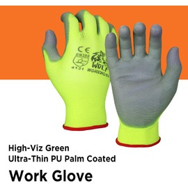 WOLF High-Viz Green Ultra-Thin PU Palm Coated Work Glove, Indoor/Outdoor, Construction, Maintenance, Gardening, Mechanic, Warehouse, Multi-Purpose, Flexible Grip, Large (Pack of 12)