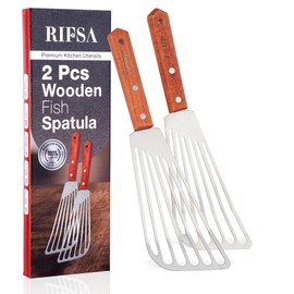 Fish Spatula Stainless Steel 2 Slotted Fish Spatulas for Nonstick Cookware - Elegant Silver Finish Turner Spatula with Ergonomic Wooden Grip Size 11” Blade Ideal for Home and Professional Chefs