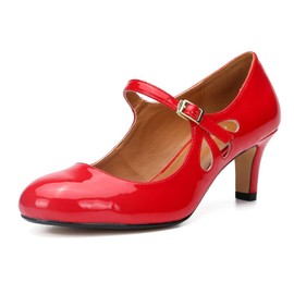 fereshte Women's Men's Mary Jane Hollow Out Round Toe Mid Kitten Heel Pumps Shoes Patent Red EU46-13.5 Women / 12 Men
