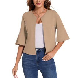 MINTLIMIT Blazers for Women Business Casual Open Front Blazer Jacket Collarless Cropped Suit Jacket Cardigan,Khaki,M