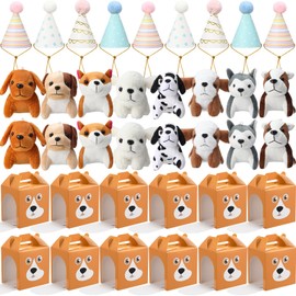 Motionchic 20 Set Adopt A Puppy Favors Include Mini Plush Dog Toy Stuffed Pet Birthday Hats Kraft Dog Boxes for Boys Girls Animal Theme Birthday Party Gifts