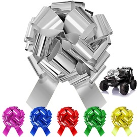 12 Inch Large Pull Bow for Car, Present, Bike, Appliances, Reusable PVC Bow Ribbon for Christmas, Wedding, Birthday, Party Decoration (Silver)