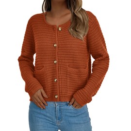 PRETTYGARDEN Women Knit Cardigan Sweaters Fall Fashion Long Sleeve Open Front Button Down Trendy Casual Jacket Winter Clothes (Caramel,Medium)