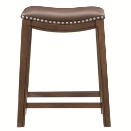 Pemberly Row 25.75" Transitional Faux Leather Saddle Counter Stool in Brown