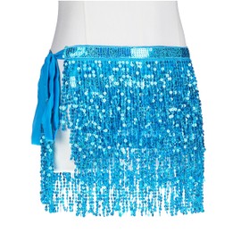 Women Belly Dance Skirt Fringe Skirts Sparkly Sequin Hip Scarf Party Costume, Blue, One Size