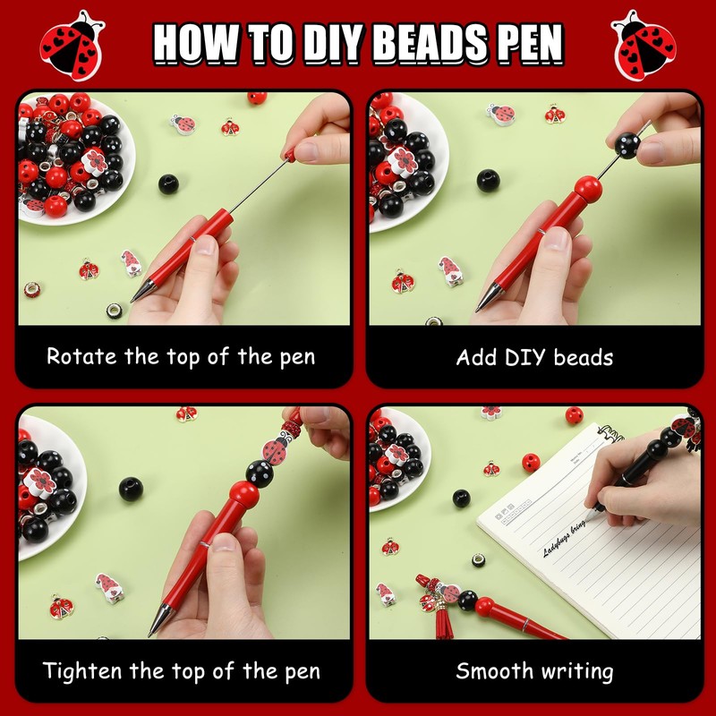ReliThick 12 Sets Ladybug Beadable Pens Bulk Assorted Bead Pens
