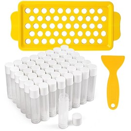 LotFancy- 【LO QUE OBTIENE】1 bandeja, 1 espátula y 50 tubos de bálsamo labial vacíos transparentes con tapas blancas a presión; Cada tubo es de 5,5 ml (3/16 oz), el tamaño perfecto para bálsamo labial