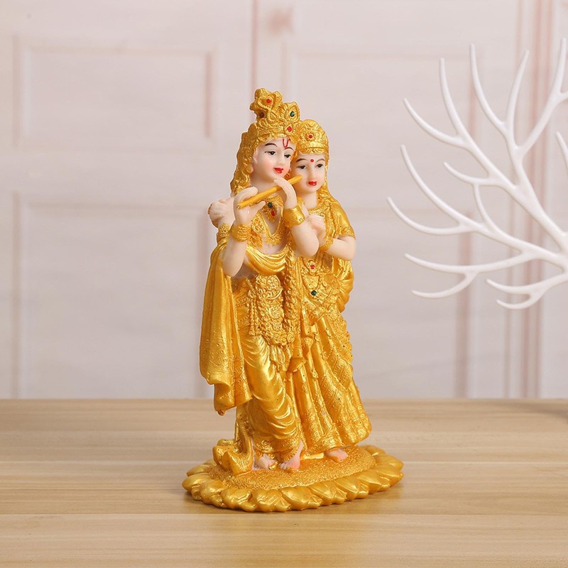 Qianly Hindu Radha Krishna on Lotus Statue Lifelike Decorative 10.5x8x18.8cm