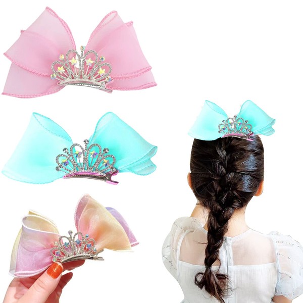 KuuGuu 3 PCS Bow Hair Clips for Girls, Crown Shaped Kids Hair Barrettes,Hair Accessories for Girls, Birthday Gifts for Girls