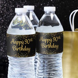 Black and Gold 90th Birthday Party Water Bottle Labels, 90th Birthday Decorations, Waterproof Stickers for Water Bottles - 20 Stickers