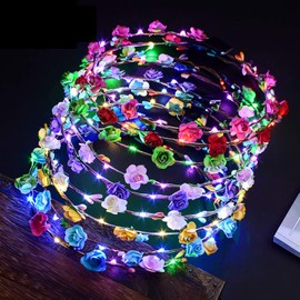 Outgeek LED Flower Headband, 12Pcs Flower Luminous Crown Garland 10 LEDs Flower Headdress Floral Headband Flower Crown Flower Headdress for Women Girls Hair Birthday Wedding Festival Party