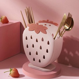 AKOAK 1 Pack Strawberry Chopsticks Stand, Cutlery Storage Box, Suitable for Storing Spoons, Chopsticks, Spoons, Knives and Other Kitchen Utensils (Light Pink)