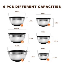 Inmorven Mixing Bowls With Lids Set, Airtight Lids, 6 piece Stainless Steel Metal Nesting Storage Bowls, Non-Slip Bottoms, Large Prep Metal Mixing Bowls for Kitchen, Black