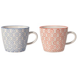 Bloomingville Isabella Retro Coffee Cup Tea Cup Vintage Thick-Walled Diameter 9.5 x Height 8 cm Blue Red Ceramic Set of 2 Holds Approx. 280 ml