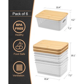 EOENVIVS Storage Bins with Lids 6 Packs, Plastic Storage Bins with Bamboo Lids for Pantry Organization and Storage Containers for Shelves Drawers Desktop Closet Playroom Classroom Office Home, White