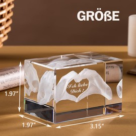 ERWEI 3D Crystal Decoration, Engraved Heart Shaped by Two Hands and Text "Ich Liebe Dich", Girlfriend and Men's Gifts