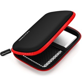 deleyCON Hard Drive Case HDD Case for 2.5 Inch Hard Drives and SSD Robust and Shockproof 2 Inner Compartments Mesh Pockets Black/Red