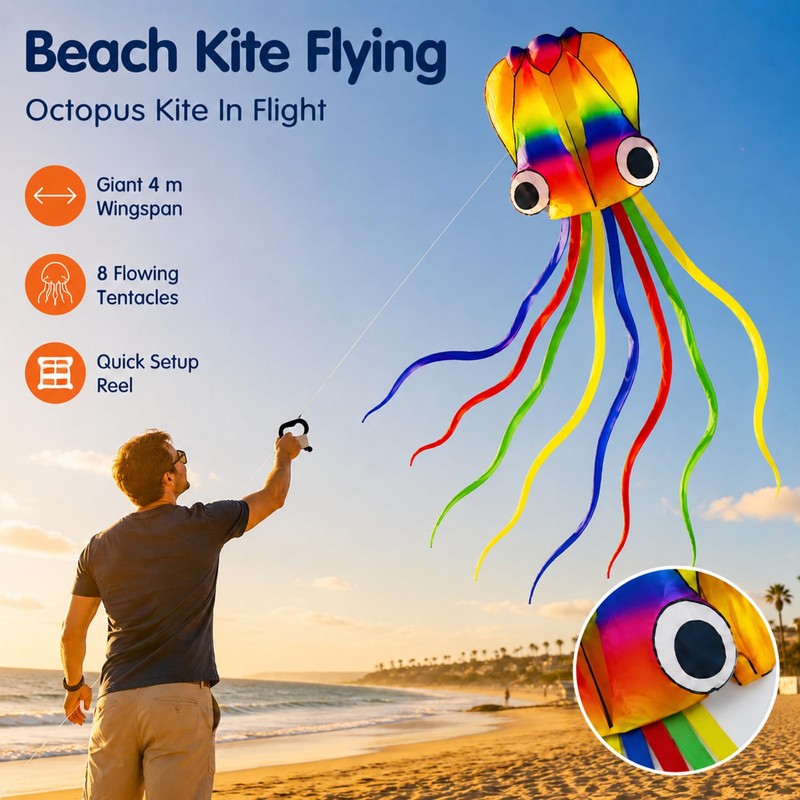 Colourful Octopus Kite with Long Tails for Family and Beach