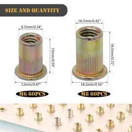 Wkmmo Pack of 120 M6 M8 Carbon Steel Rivet Nuts, Rivet Nuts, Threaded Rivets, Metric Rivet Nutsert, Thread Rive Nutsert Cap for Fixing Furniture Decorations Crafts
