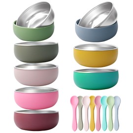 8 Pcs 304 Stainless Steel Baby Bowls with 8 Spoon Kids Bowls with Removable Silicone Shell Toddler Without Suction Bowls Anti Scald Snack Container for Dishwasher for Food Feeding(Multicolor)