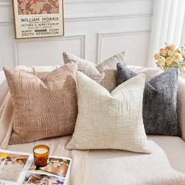 GriNeed Throw Pillow Covers Neutral Set of 4 18x18 Inch Pillow Covers, Soft Chenille White Khaki Beige Dark Grey Pillowcases for Couch Sofa Bed Living Room, Home Boho Decor, Farmhouse Cushion Covers