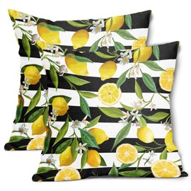 Lemon Pillow Covers Set of 2 18x18 Inch Summer Fruit and Floral Black and White Stripe Cotton Linen Decorative Throw Pillow Case Cushion Cover for Bedroom Sofa Living Room Couch Chair Office