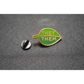 They Them Pronoun Brooch Button Non-Binary Badge Enamel Lapel Pin - Green Leaf NB Pride Genderqueer Gender Identity Pin