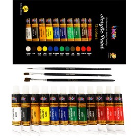 KOLOR KINGDOM Acrylic Paint Set 12 Canvas Paints Colour Kit Artists & Beginners Craft Paints for Paper,Rock Painting,Wood,Ceramic & Fabric 3 Paint Brushes (12 X 12 ML)