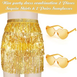 SATINIOR 2 Pcs Belly Dance Sequin Skirts Tassel Hip Scarf and 2 Pair Heart Shaped Sunglasses for Valentine Girl (Yellow, Dark Yellow),One Size