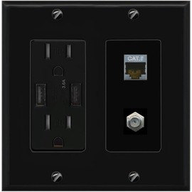 RiteAV Coax and Cat7 Wall Plate - USB Charger [Black/Black]