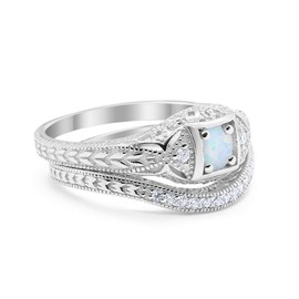 Blue Apple Co. Art Deco Vintage Style Two Piece Wedding Engagement Bridal Set Ring Band Round CZ 925 Sterling Silver Choose Color, gemstone, Created Opal,