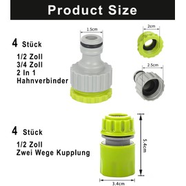 T TAKONE Garden Hose Adapter 3/4 Inch to 1/2 Inch - Set with 4 x 2-in-1 Tap Connectors & 4 x 1/2 Inch Coupling, Plastic Connectors for Garden & Watering, Compatible with Gardena