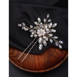 Deniferymakeup Rhinestone Bride Wedding Hair Pins Pearl Bridal Hair Pieces Decorative Crystal Hair Accessories for Women and Girls (Gold)