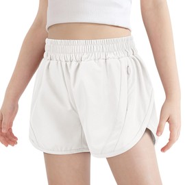AlisOker Girls Athletic Shorts Kids High Waisted Active Shorts with Zipper Pockets Running Sports Shorts for Teen Girls, White, 13-14 Years