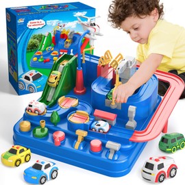 Lucky Doug Race Car Tracks for Boys, Car Rescue Adventure Toys with 4 Mini Car 6 Buttons for 3 4 5 6 Years Old Toddlers Boys Girls, Manually Operated Car Playset Education Toys for Kids Age 3+