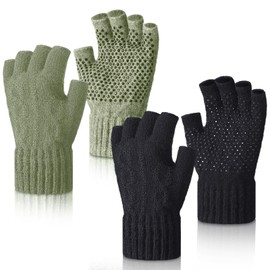 Geyoga 2 Pairs Wool Fingerless Fishing Gloves for Men Women Anti-Slip with Grip Dots Warm Winter Fly Ice Fishing Gloves(Black and Green,Fingerless)