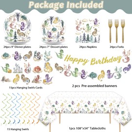 133pcs Watercolor Dragon Birthday Party Decoration Magic Dragon Tableware Hanging Swirls Banner Set Fantasy Dragon Plates Napkins Tablecloth Birthday Party Favor for Kids Girl Boy Baby Shower 24 Guest