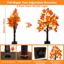 2 Pack 24 Inch Prelit Fall Maple Tree Decorations with 48 LEDs Timer Fall Battery Operated Lighted Artificial Pumpkin Acorn Light Up Maple Tree for Thanksgiving Harvest Table Home Indoor Decor