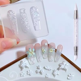 HYWWPFLAY Hibiscus Flower Silicone Nail Molds, 1PCS Flowers Nail Charms Mold with Carving Pen, Resin Modeling Templates, 3d Gel Nail Art Sculpture Decoration for Women DIY Manicure Supplies