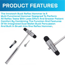 Innotech Buck Neurological Reflex Hammer with Brush and Needle for Skin Reflexes and Surface Reactions (Silver)