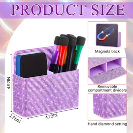 MotiMind Purple Bling Locker Accessories for Women Teen Girls Desk Organizer Magnetic Marker Holder for Whiteboard Office with Slots for Back to School Office Classroom(Medium, Rhinestone)