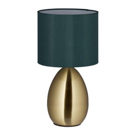 Relaxdays Bedside Lamp with Touch, Modern Table Lamp, H x D: 34 x 18 cm, E14, Table Lamp with Fabric Shade, Gold/Dark Green