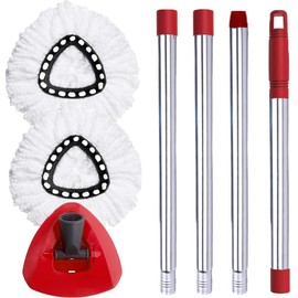 ANREKEYH Spin Mop Head, Base, Handle Replacement for O-Ceda EasyWring Microfiber Spin Mops, 2 Microfiber Mop Refills, 1 Triangle Head Cover and 30-58in Handle Set Combo (White(1 Tank System))